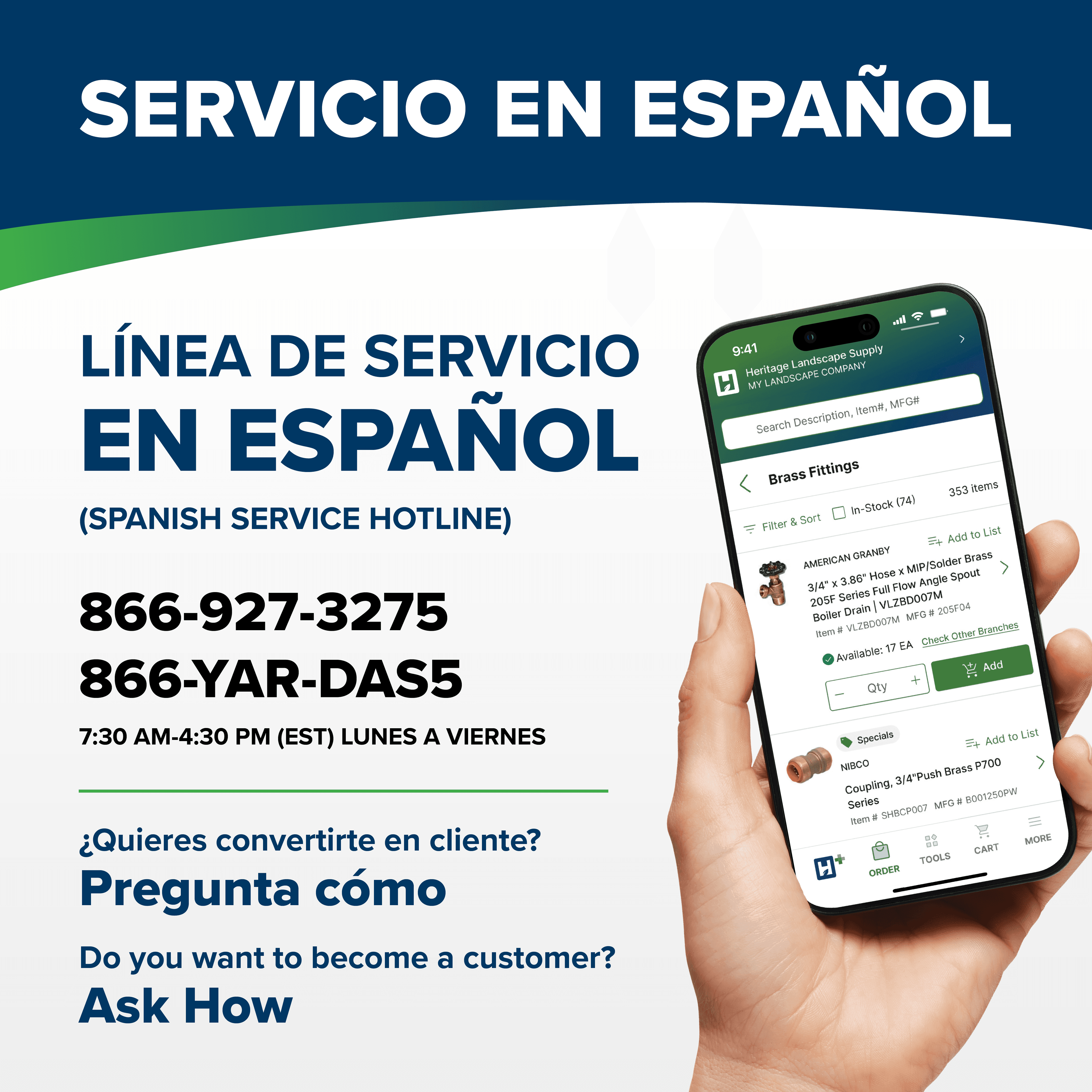 Ad with text: Servicio en Español. Línea de servicio en Español (Spanish Service Hotline). 866-927-3275 866-YAR-DAS5. 7:30 AM-4:30 PM (EST) Lunes a Viernes. ¿Quieres convertirte en cliente? Pregunta cómo. Do you want to become a customer? Ask How
